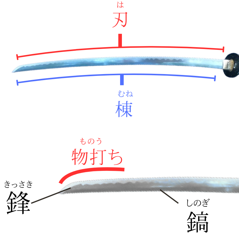 刀身を大きく見ると、刃と棟（むね）のエリアに分かれています。刃は斬る、棟は反りを作り、強度を高める役割を持ちます。